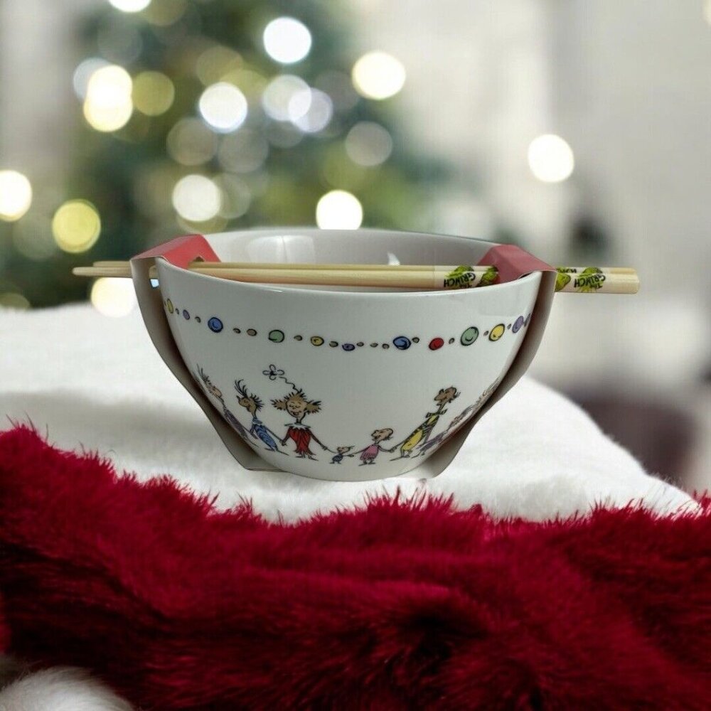 Dr. Seuss The Grinch 20oz Ramen Noodle Bowl With 6in Chopsticks NEW